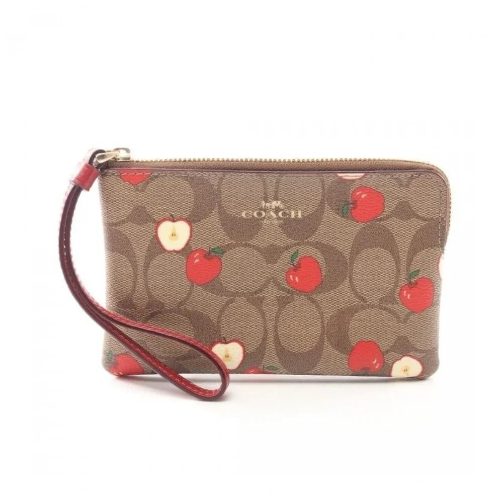 COACH Corner Zip Wristlet In Signature Canvas With Apple Print NWT